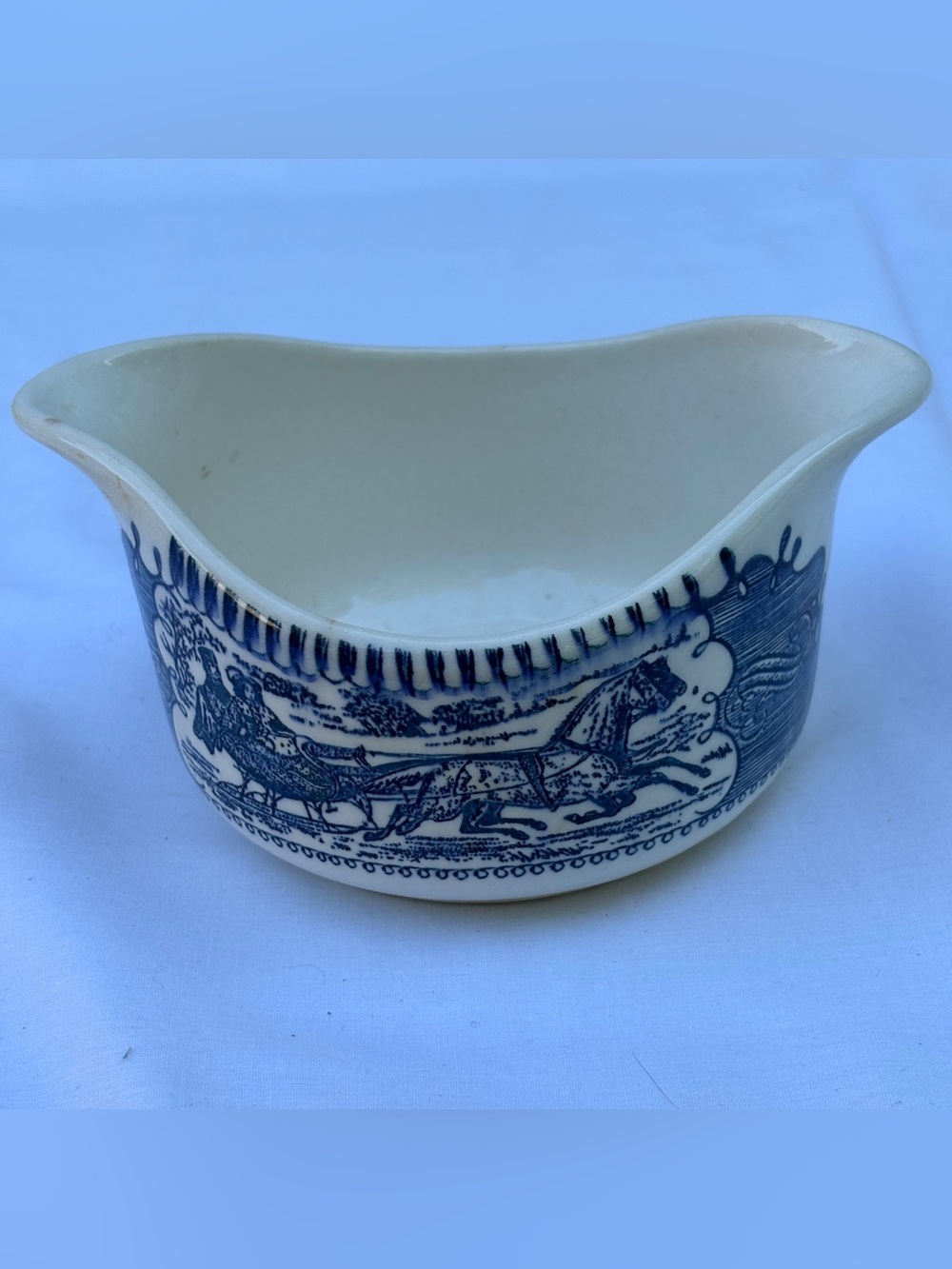 Vintage Currier and Ives Blue Royal China 2-Spout Gravy Boat